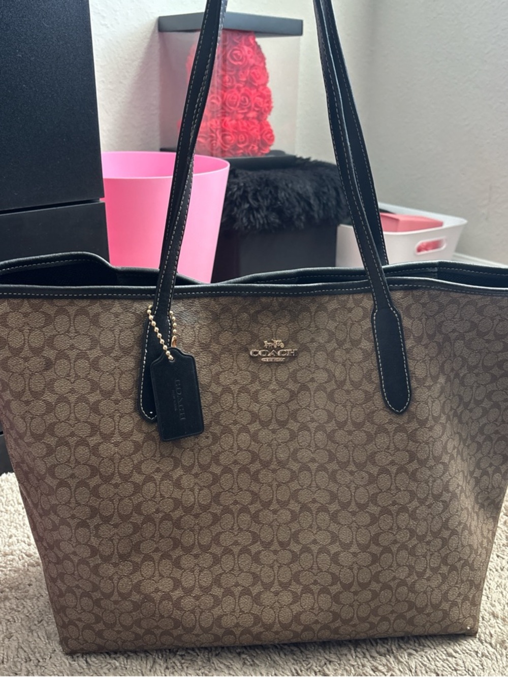 Coach Brown Signature Tote with Black Trim and Gold Hardware